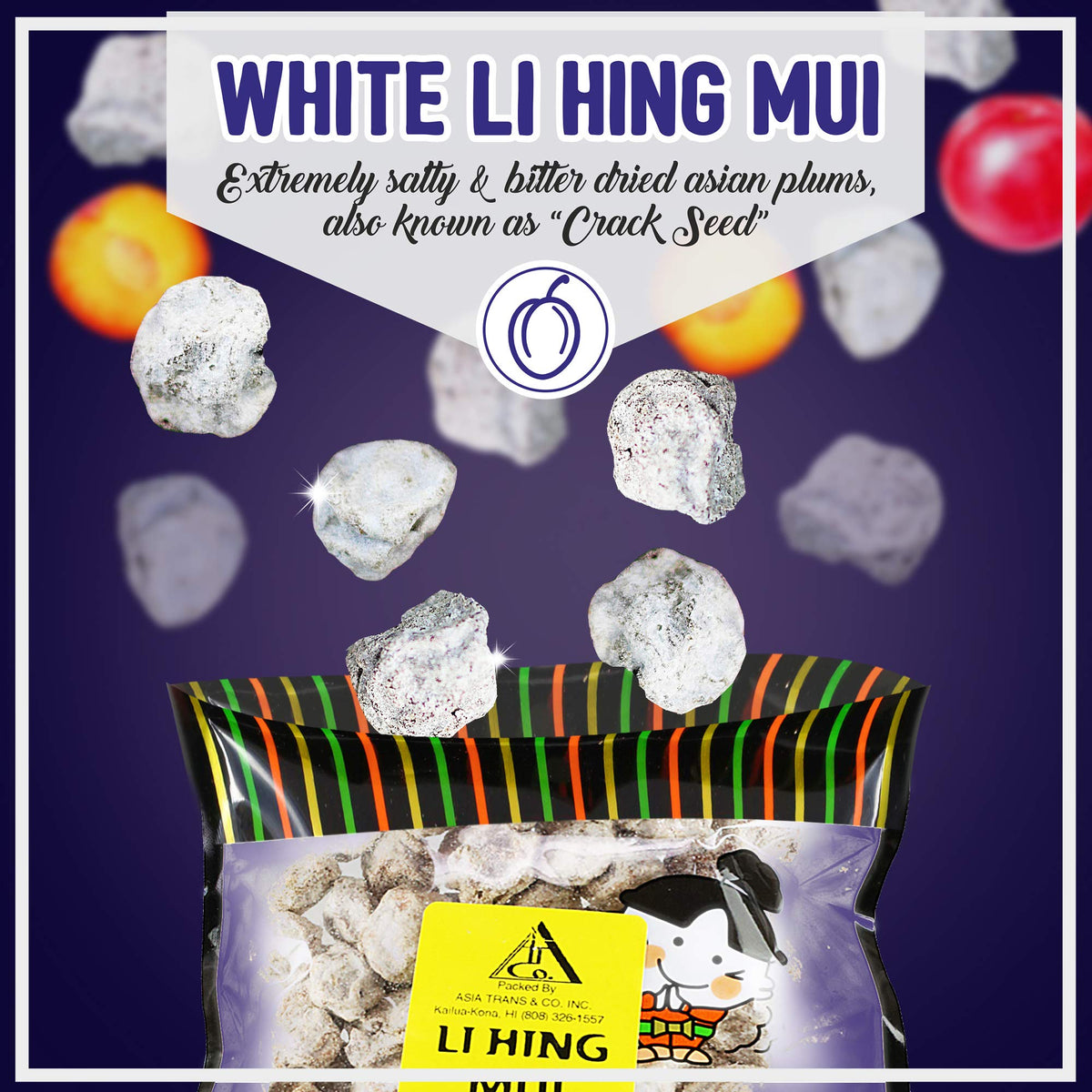 Asia Trans Seeded White Li Hing Mui crack seed plums closeup showing product detail
