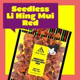 Asia Trans seedless red Li Hing Mui crack seed plums closeup, chewy texture enhances snack time.