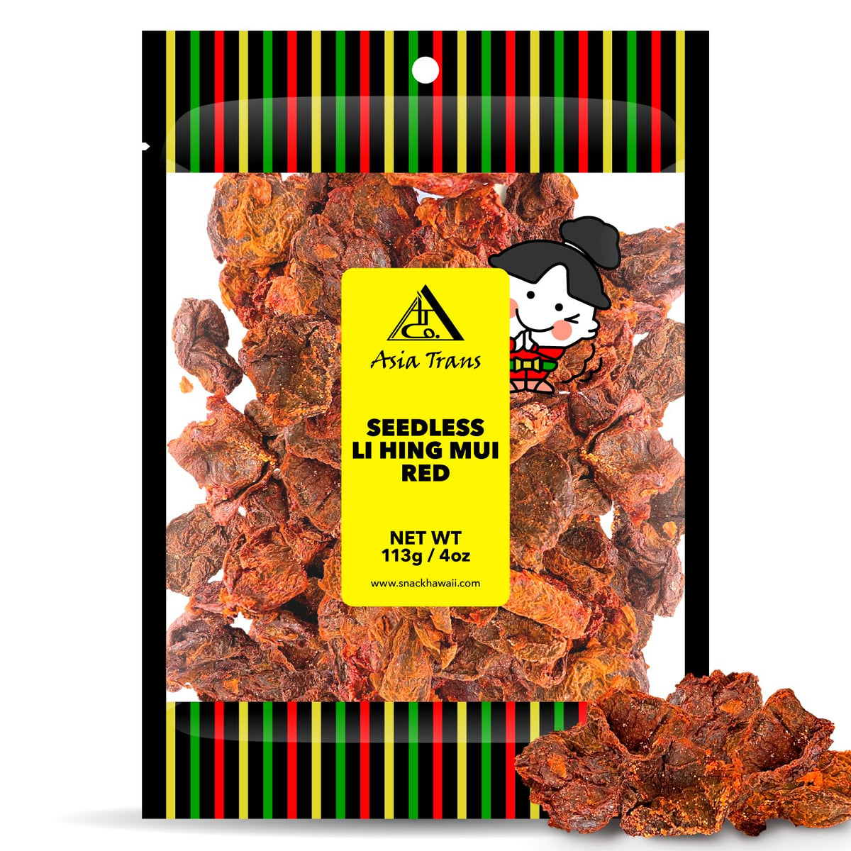 Asia Trans seedless red Li Hing Mui crack seed plums pack, a tangy snack for sharing.