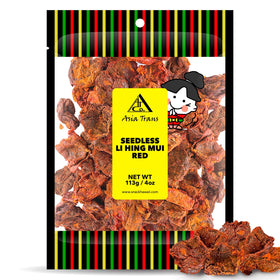 Asia Trans seedless red Li Hing Mui crack seed plums pack, a tangy snack for sharing.