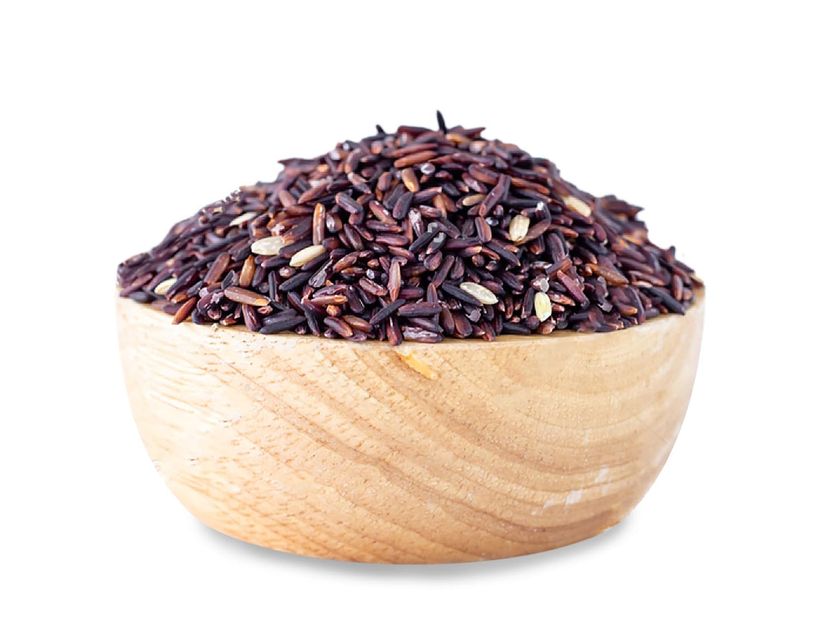 Asian Best Riceberry Rice dry grains close-up with reddish-black kernels