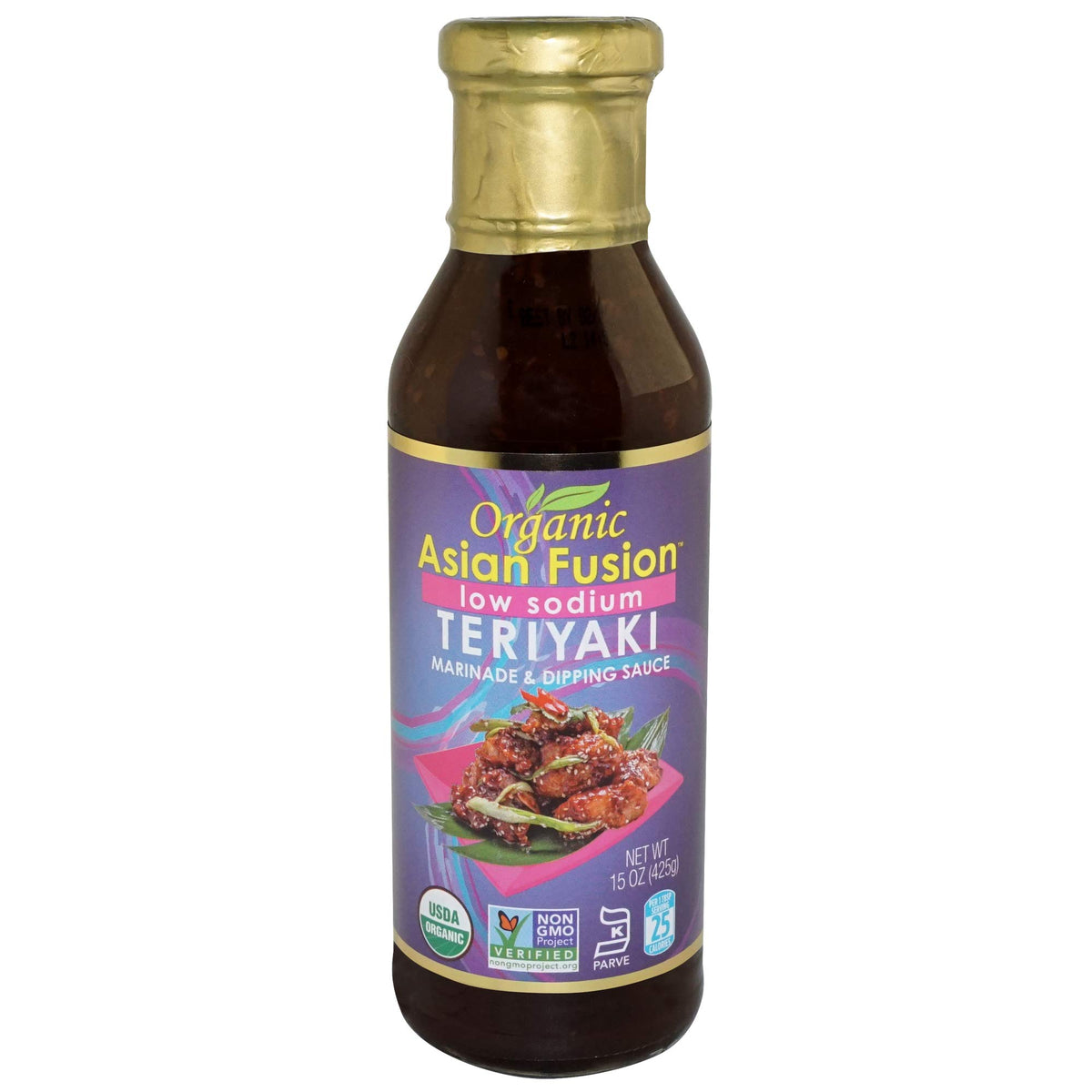 Asian Fusion Teriyaki sauce bottle for marinades with bold, low-sodium flavor.
