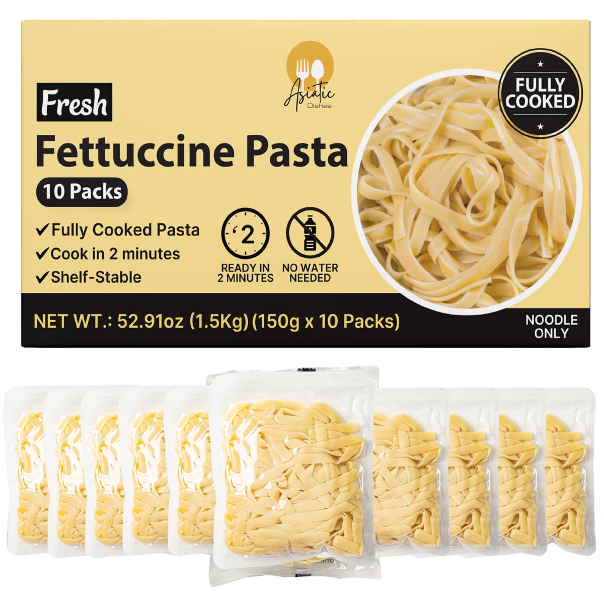 Asiatic Dishes Fresh Fettuccine box, ready-to-heat for quick meals.