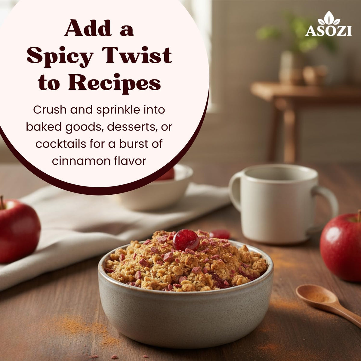 ASOZI Cinnamon Discs used as dessert topping for a cinnamon twist.