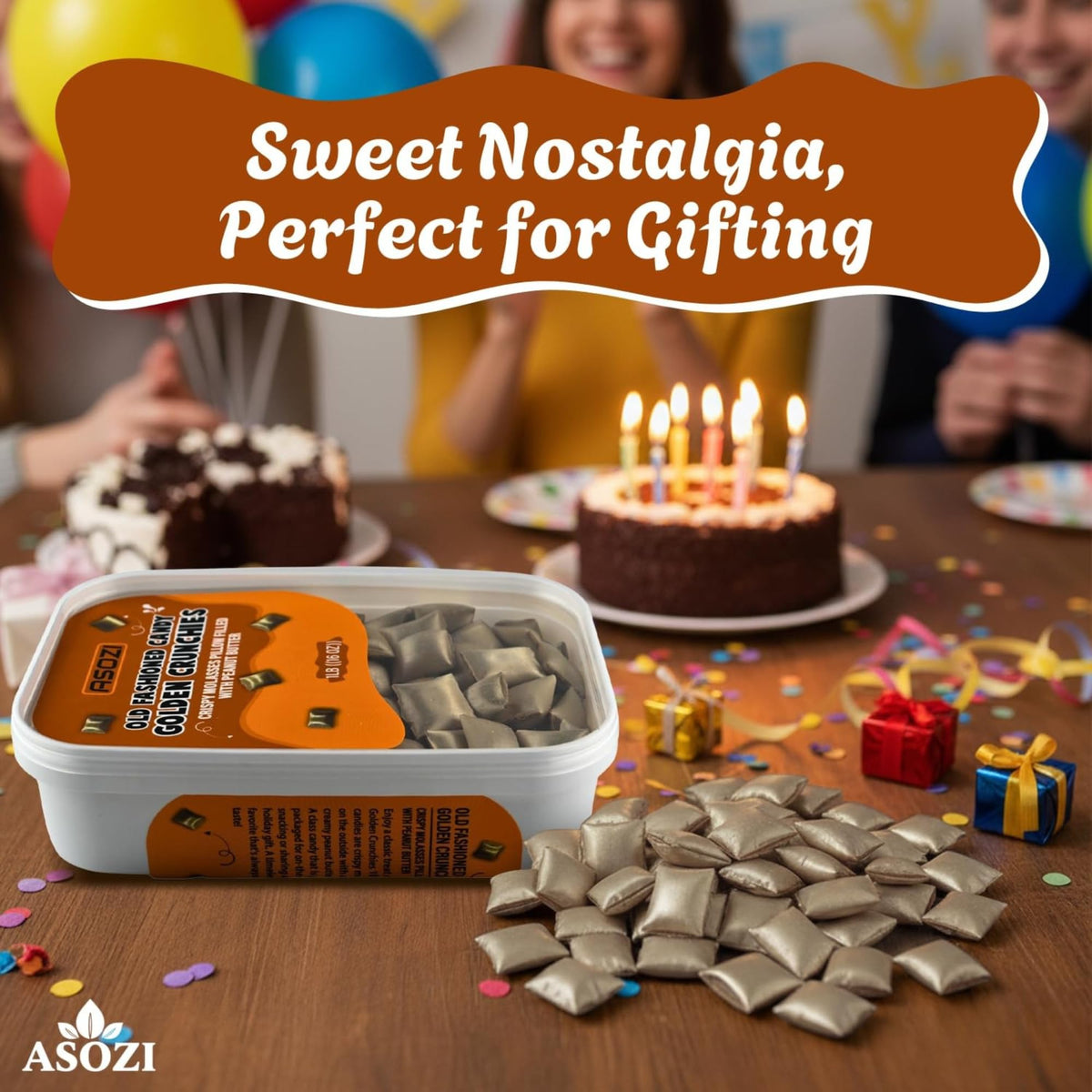 ASOZI Golden Crunchies box back info emphasizes freshness and sharing.