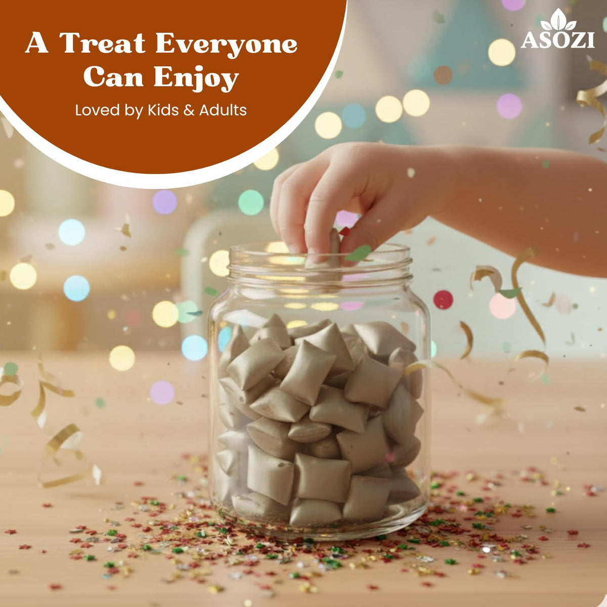ASOZI Golden Crunchies holiday display highlights festive candy options.