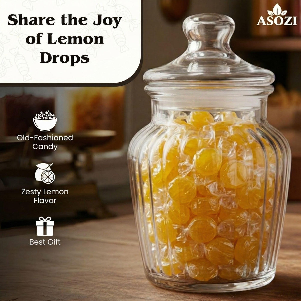 ASOZI Lemon Candy Hard Drops arranged in a decorative candy dish.