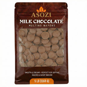 ASOZI milk chocolate melting wafers in a 5lb bulk bag for quick, even melting