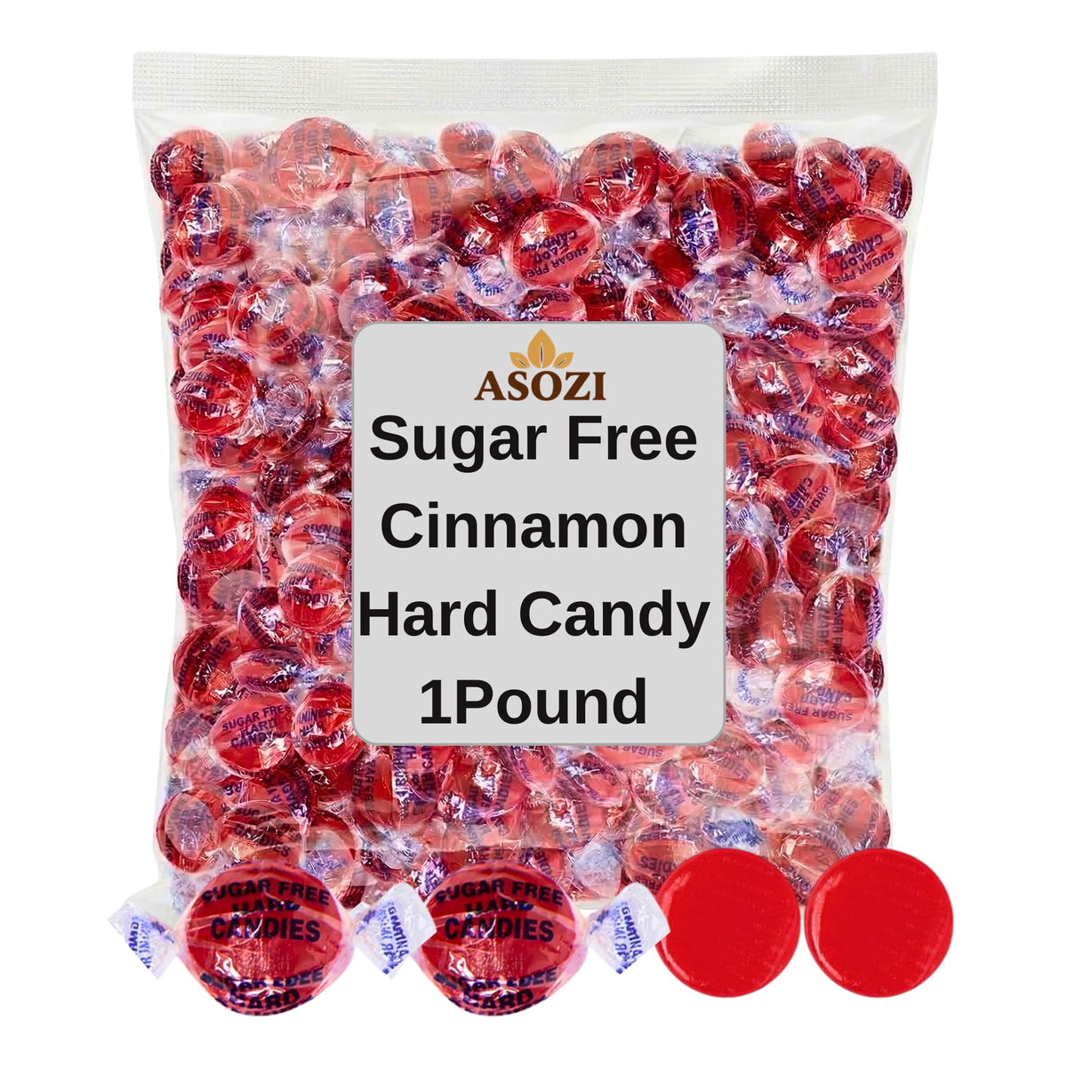 ASOZI sugar-free cinnamon candy discs in a 1 lb pack for sugar-conscious snacking