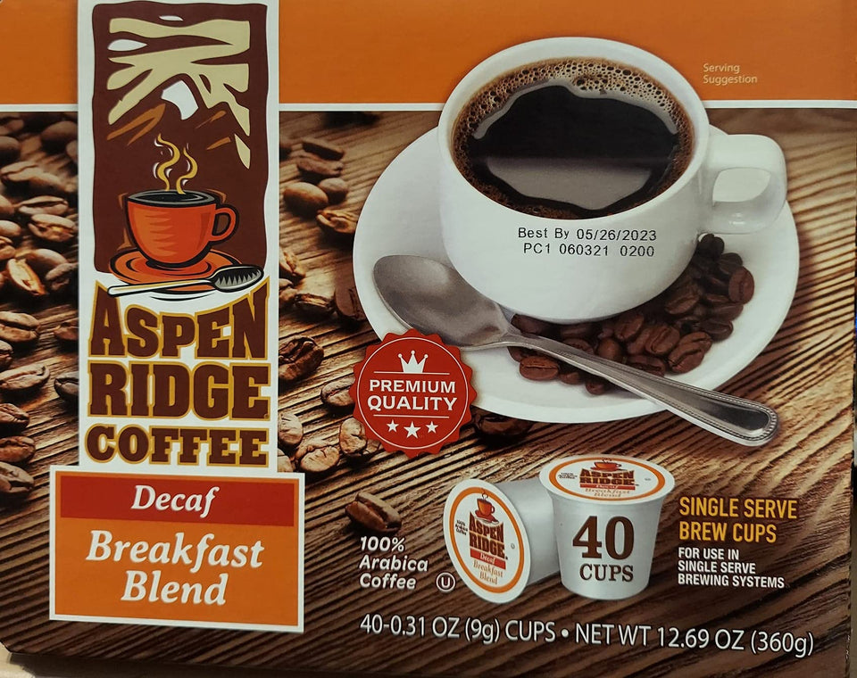 Aspen Ridge Decaf Breakfast Blend K-Cup, convenient single-serve coffee.