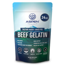 ASPEN NATURALS beef gelatin powder bottle pour for silky sauces and desserts.