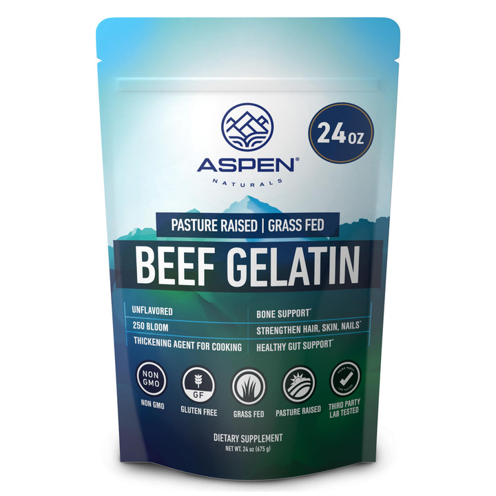 ASPEN NATURALS beef gelatin powder bottle pour for silky sauces and desserts.
