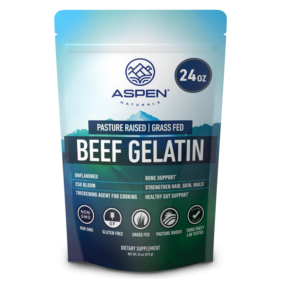 ASPEN NATURALS beef gelatin powder bottle pour for silky sauces and desserts.
