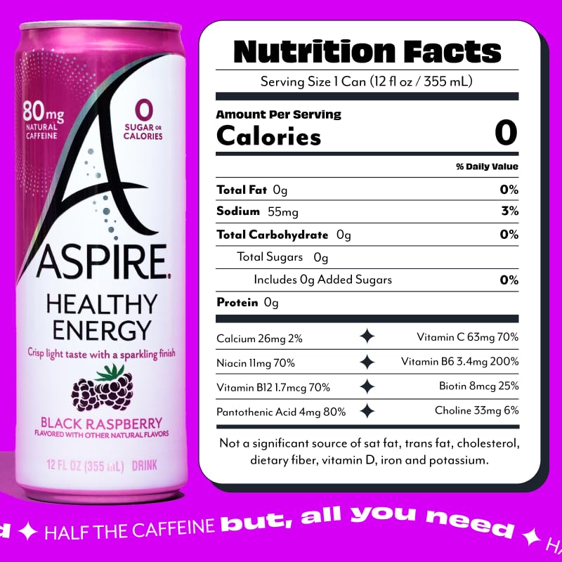 Aspire Black Raspberry can side angle showing natural caffeine from green tea
