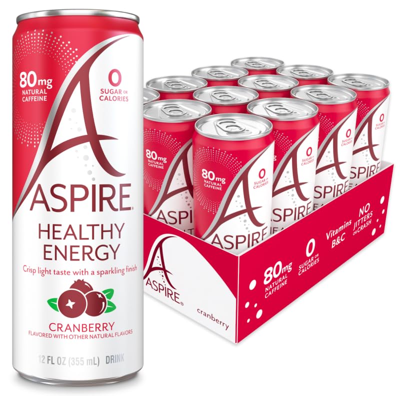 ASPIRE Cranberry energy drink bottle showing zero sugar and natural caffeine