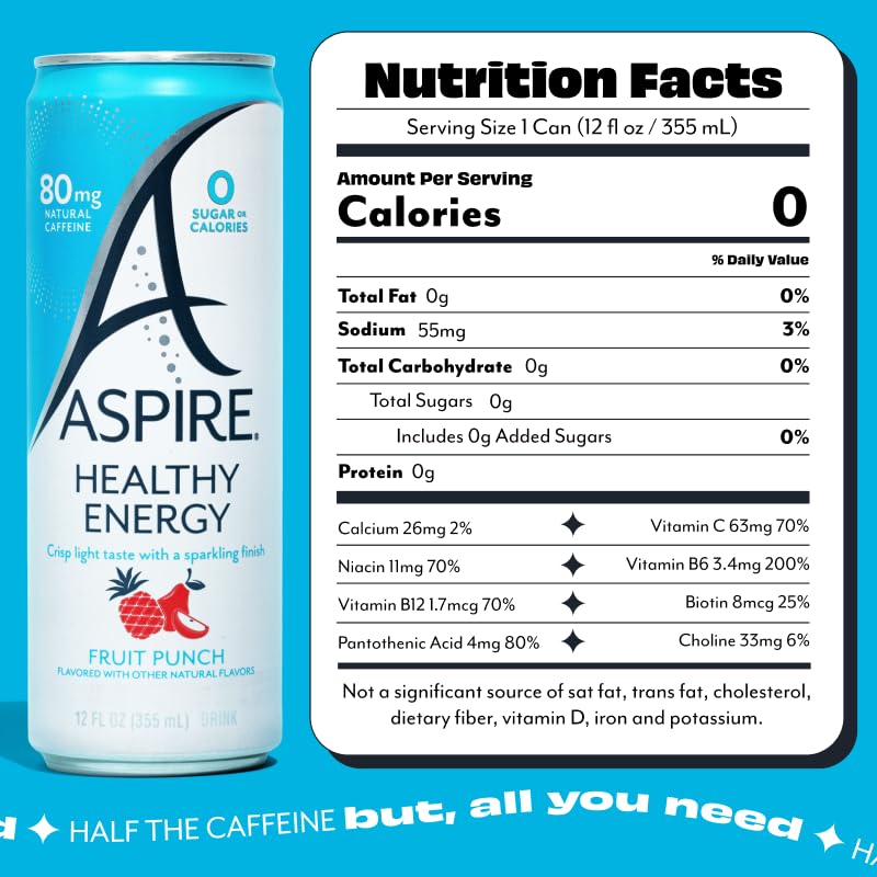 ASPIRE Fruit Punch can opened shows convenient, low-calorie caffeine source with natural green tea caffeine.