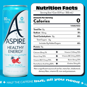 ASPIRE Fruit Punch can opened shows convenient, low-calorie caffeine source with natural green tea caffeine.