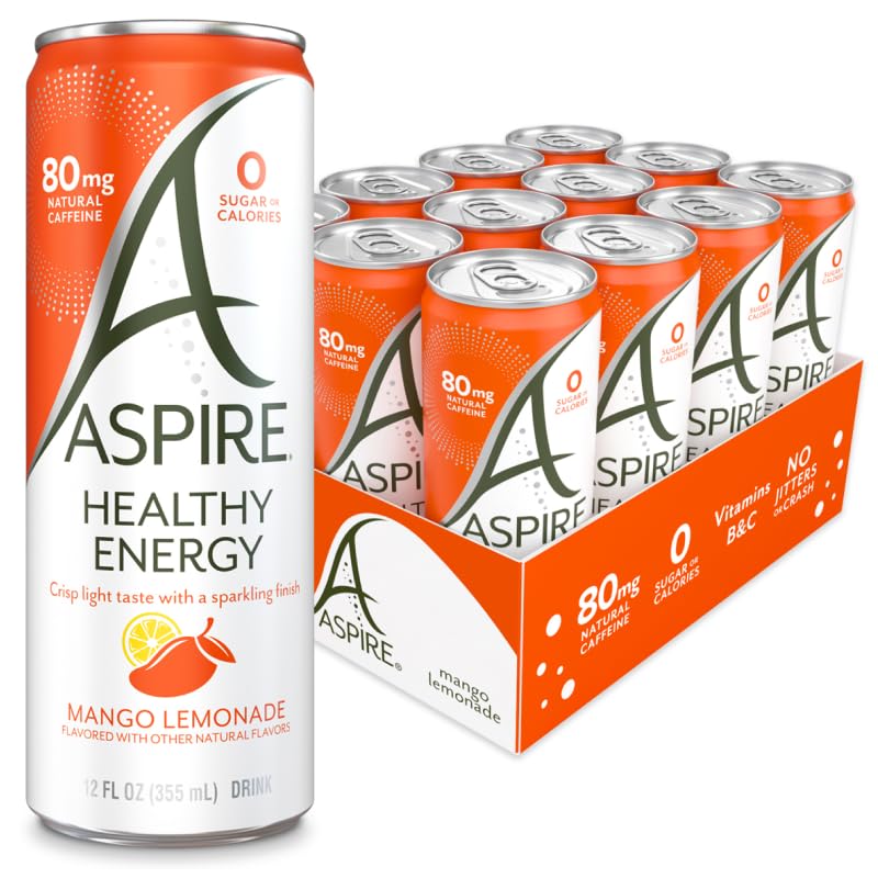 Aspire Mango Lemonade bottle front view highlighting zero sugar and keto-friendly energy