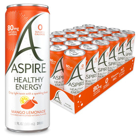 ASPIRE Mango Lemonade energy drink can on ice with zero sugar and caffeine boost.
