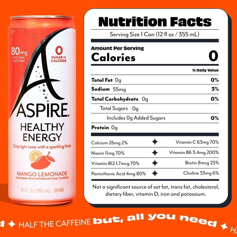 ASPIRE Mango Lemonade refreshing glass highlighting B vitamins for mental focus.