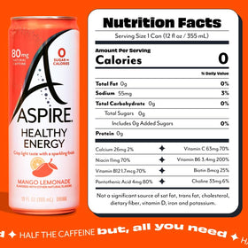 ASPIRE Mango Lemonade refreshing glass highlighting B vitamins for mental focus.