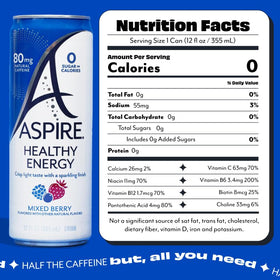 Aspire Mixed Berry energy can side view highlights sleek packaging and natural caffeine