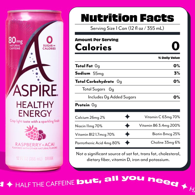 ASPIRE Raspberry Acai bottle highlighting zero sugar and zero calories for keto-friendly refreshment