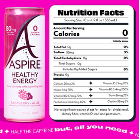 ASPIRE Raspberry Acai bottle highlighting zero sugar and zero calories for keto-friendly refreshment