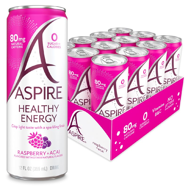 Aspire Raspberry Acai energy drink can front view with zero sugar emphasis
