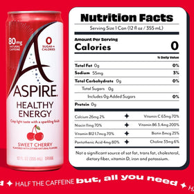 Aspire Sweet Cherry energy drink pack on desk highlights zero sugar