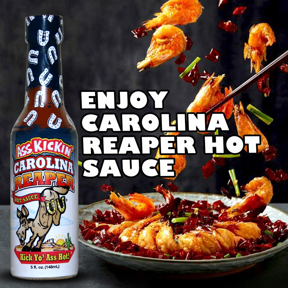 ASS KICKIN' Carolina Reaper label closeup highlighting premium ingredients