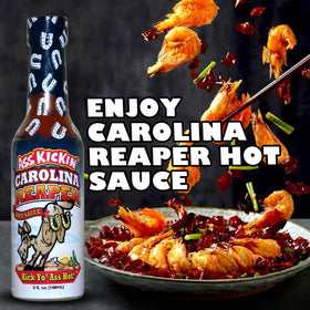 ASS KICKIN' Carolina Reaper label closeup highlighting premium ingredients