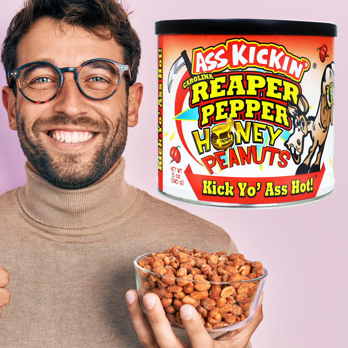 ASS KICKIN' Carolina Reaper peanuts close-up — intense heat with natural peanut flavor.