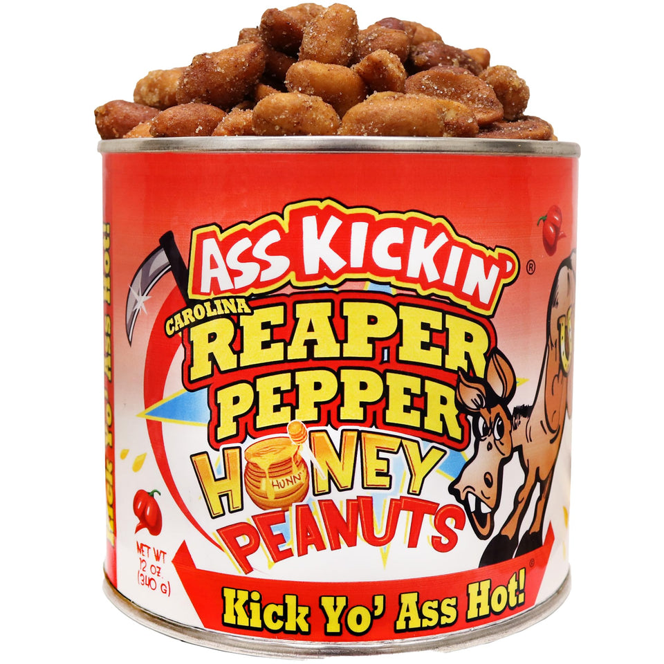 ASS KICKIN' Carolina Reaper peanuts jar — fiery crunch for bold snacking.