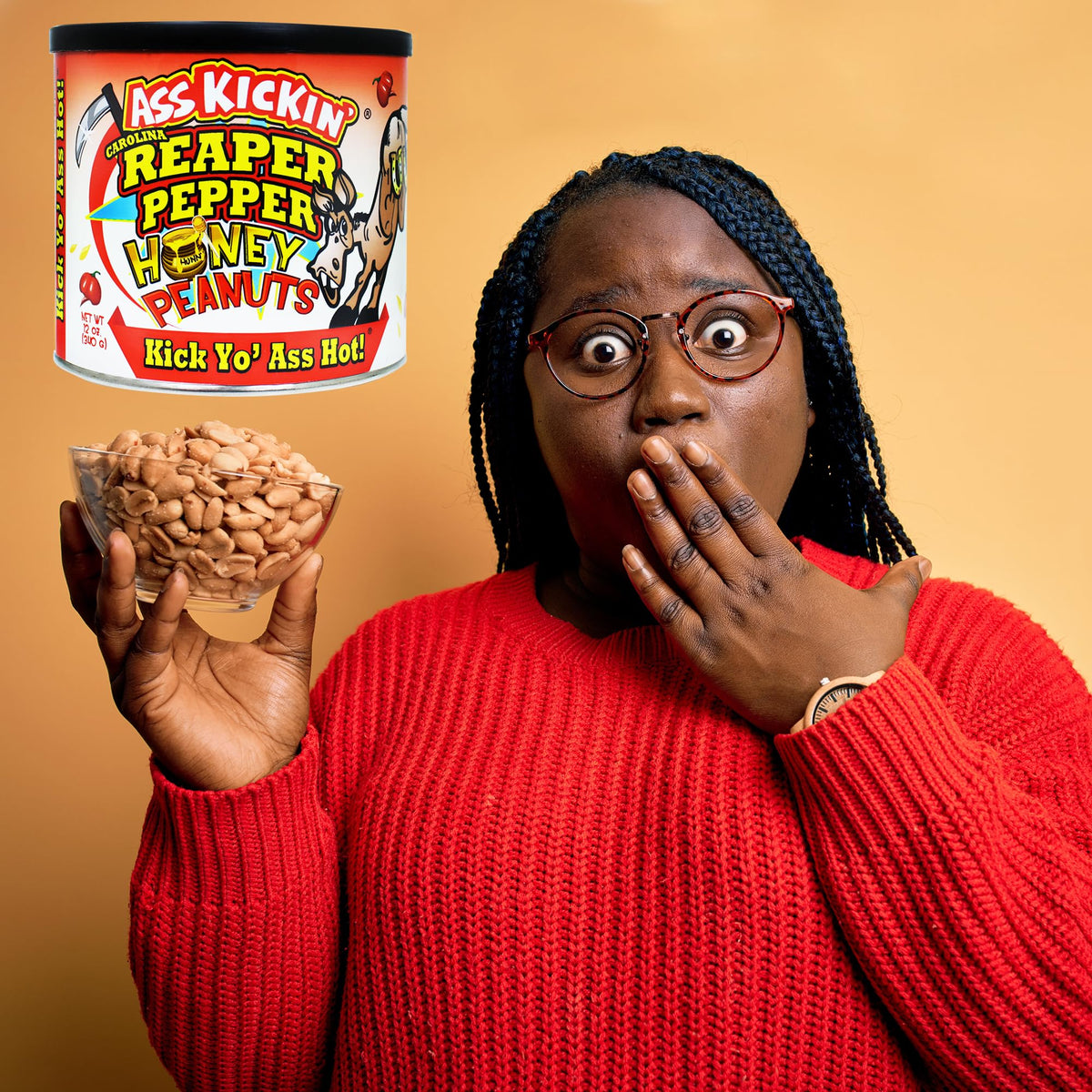 ASS KICKIN' Carolina Reaper peanuts label view — premium spicy gourmet snack.