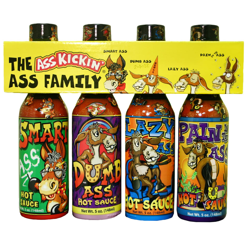 ASS KICKIN' family hot sauce collection shows four bottles for versatile meals.