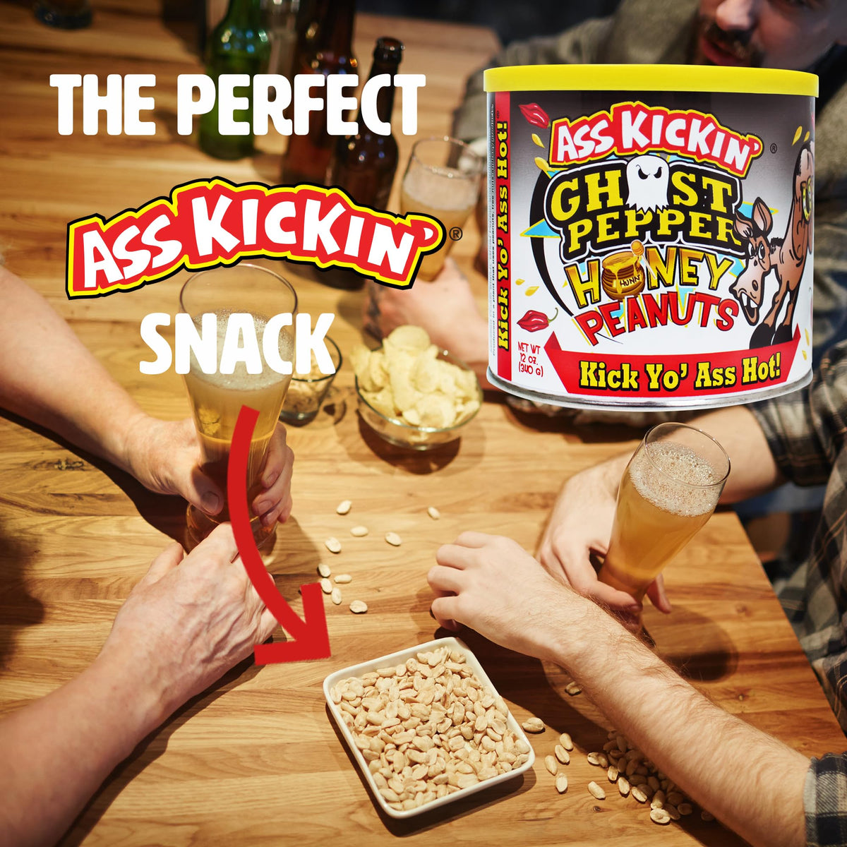 ASS KICKIN' Ghost Pepper Peanuts bag-open suggests convenient, on-the-go snacking.