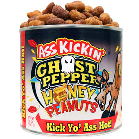 ASS KICKIN' Ghost Pepper Peanuts can-front reveals a spicy, protein-packed snack.