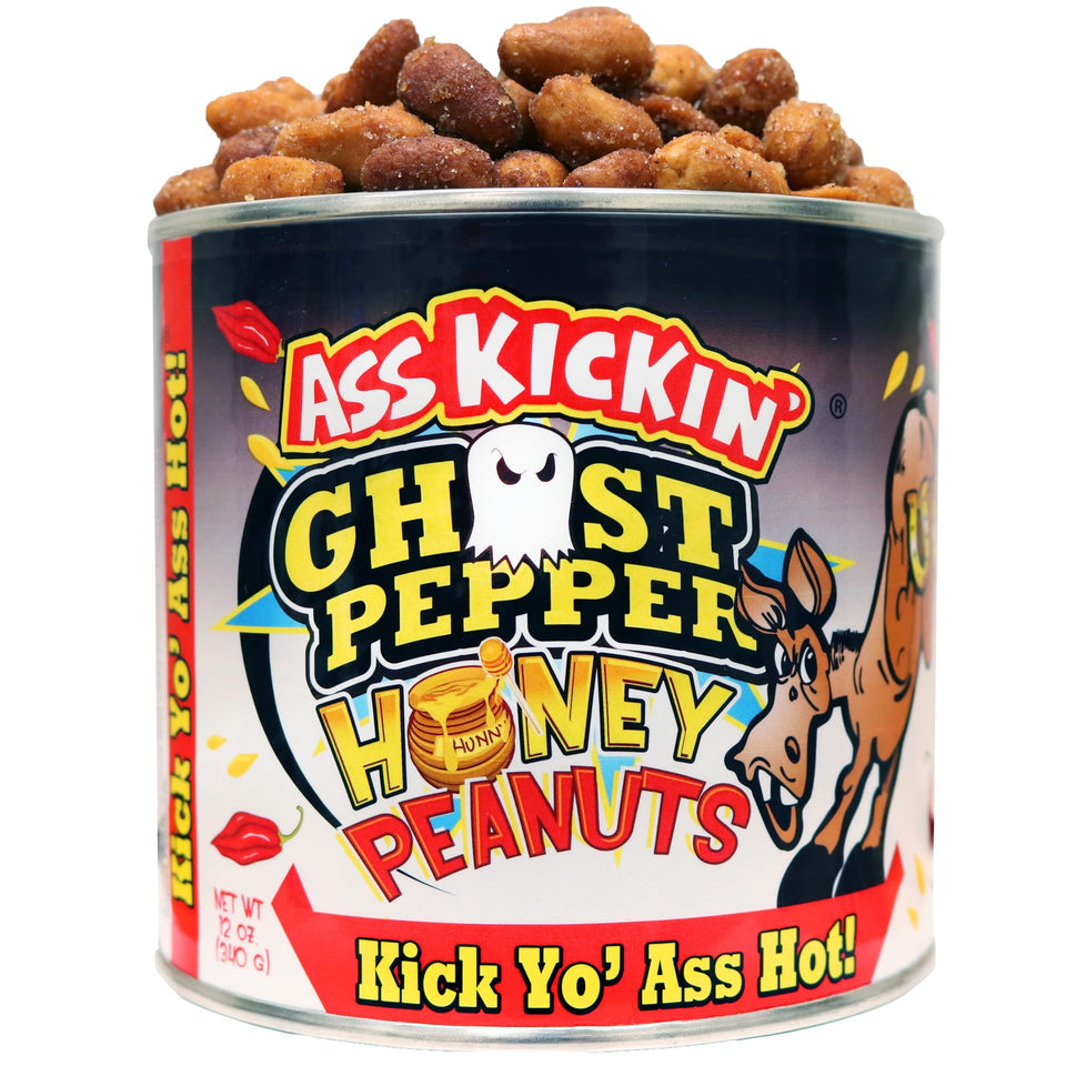 ASS KICKIN' Ghost Pepper Peanuts can-front reveals a spicy, protein-packed snack.