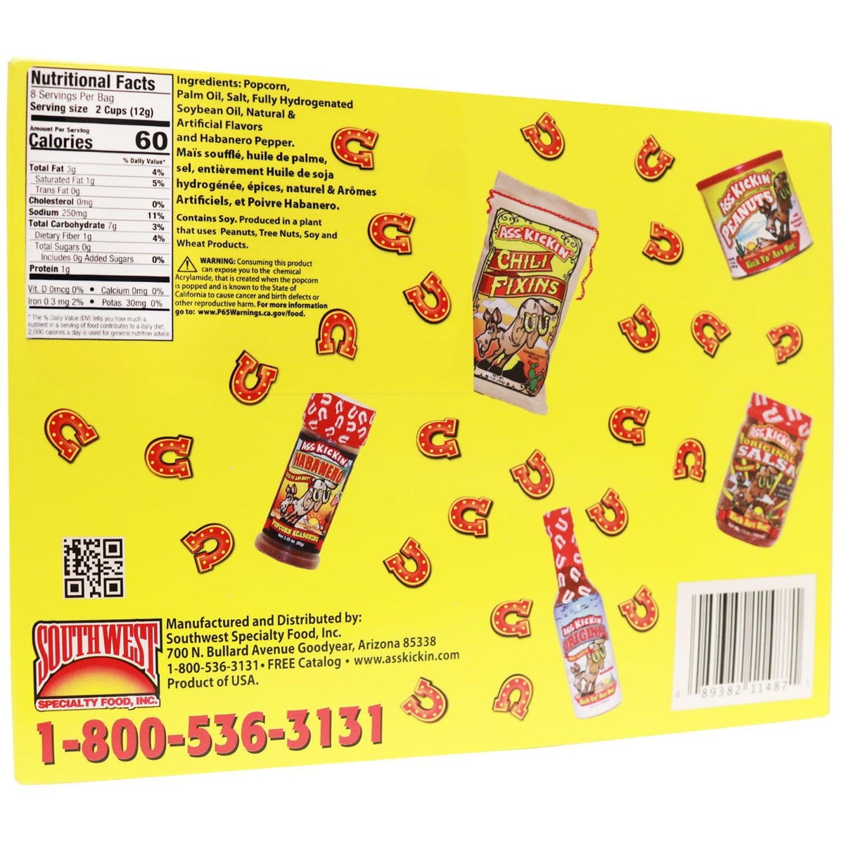 Made in USA badge on ASS KICKIN' popcorn label.