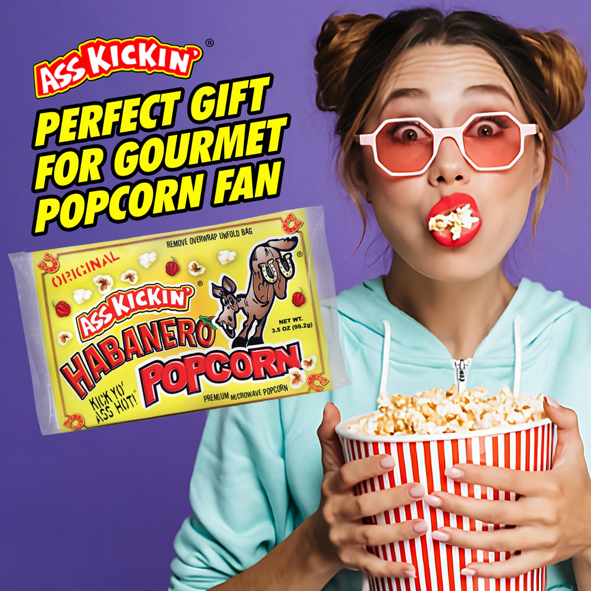 ASS KICKIN' microwave bag popping on a kitchen counter for quick movie-night snacks.