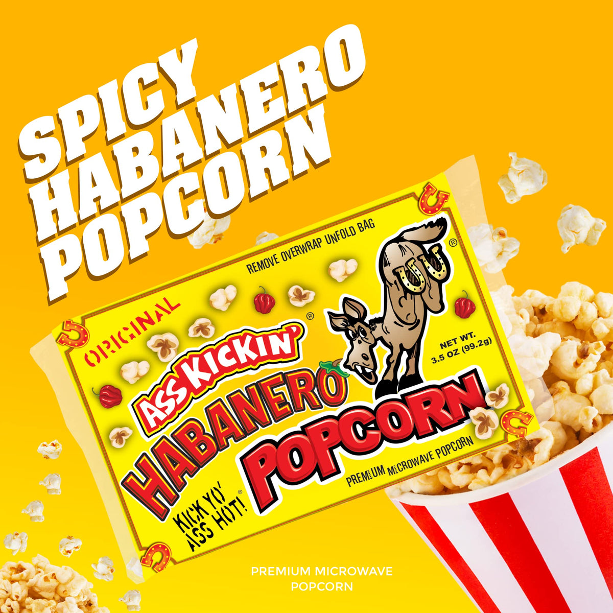 ASS KICKIN' Habanero popcorn on a table set for a movie night.