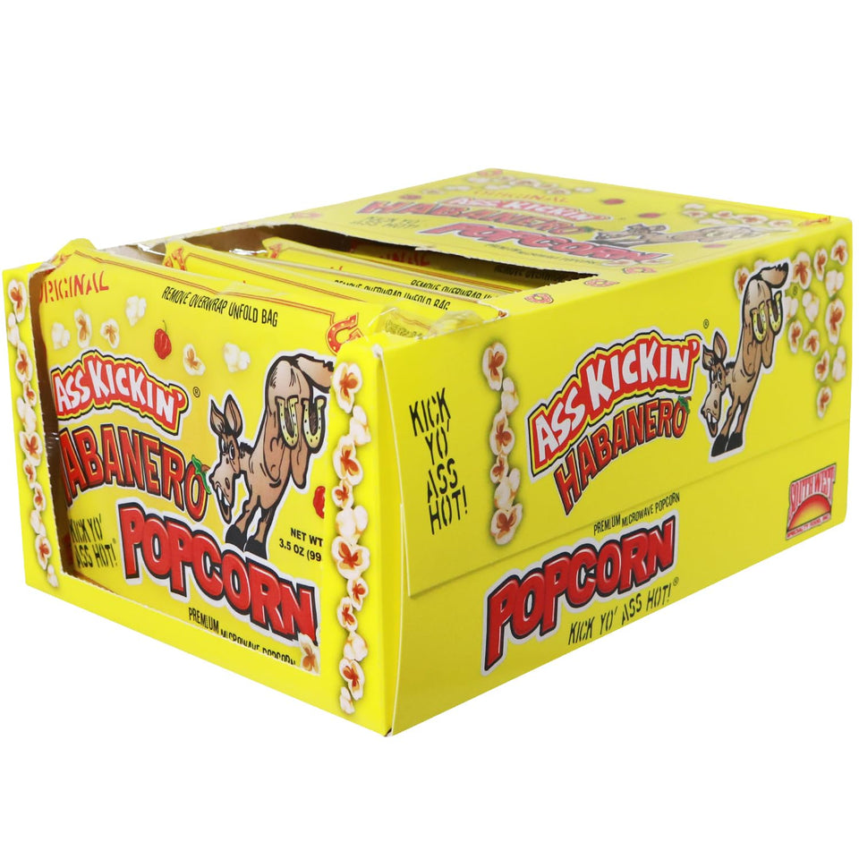 ASS KICKIN' Habanero popcorn packaging front for premium snacking.