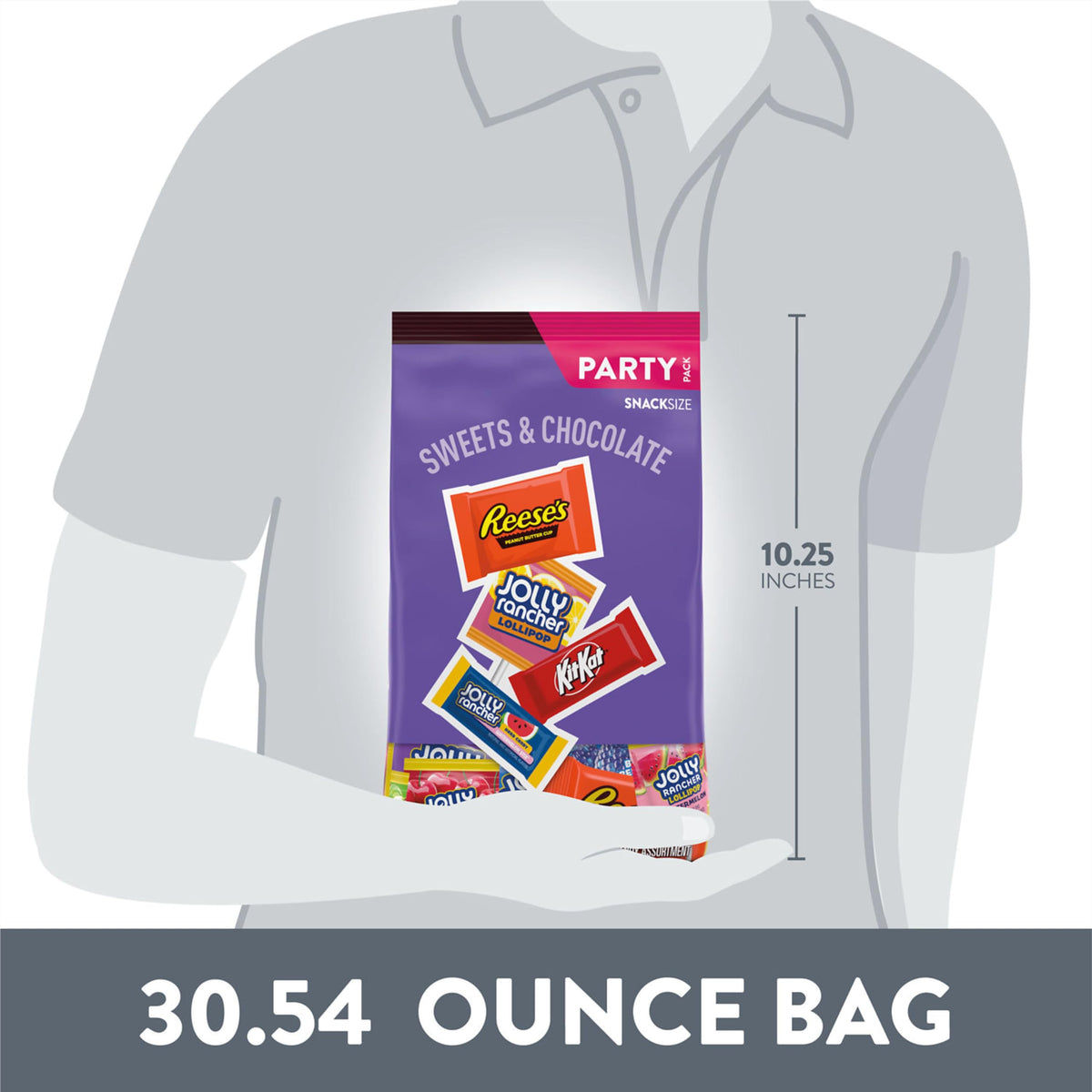 Assorted bulk bag showing Jolly Rancher, Kit Kat and Reese's