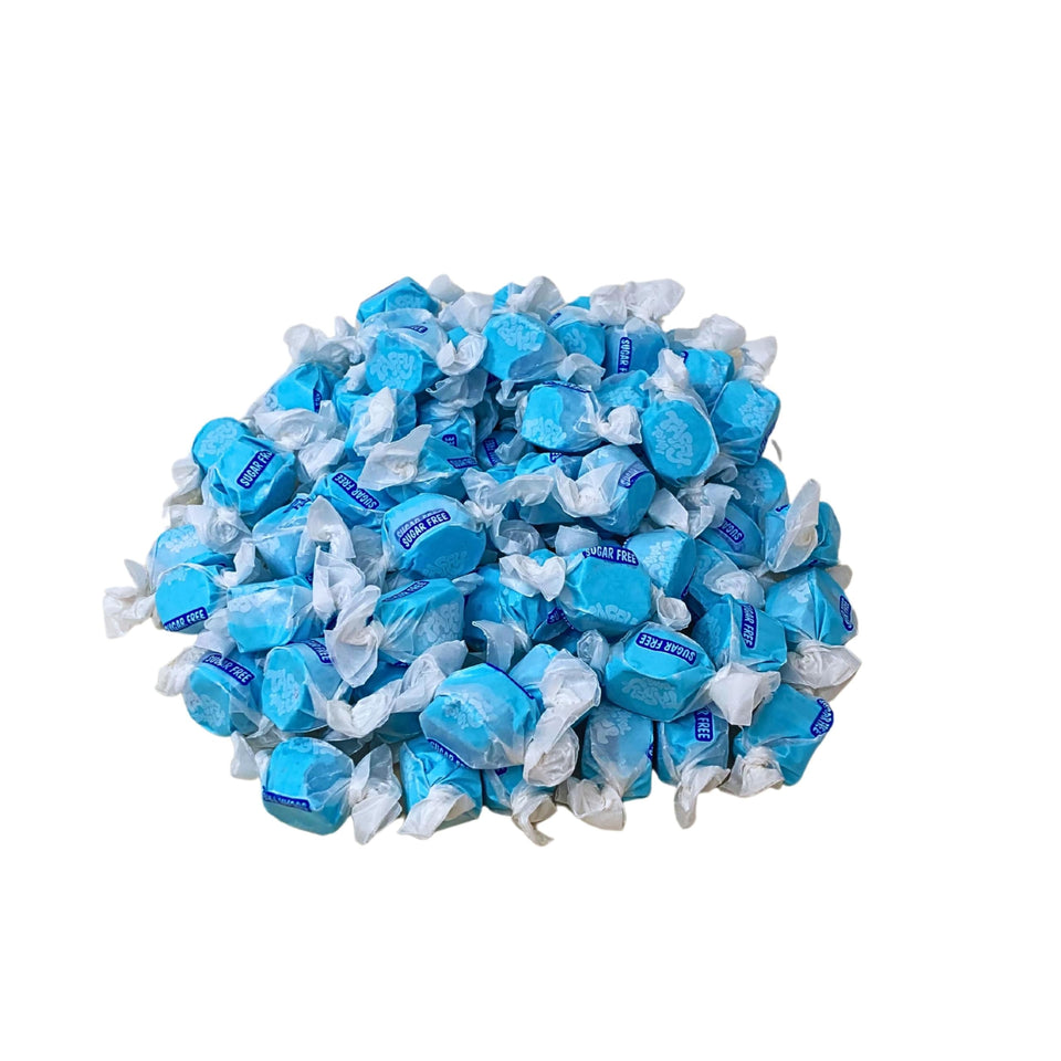 Assortit blue raspberry sugar free salt water taffy bulk bag for sharing at gatherings.