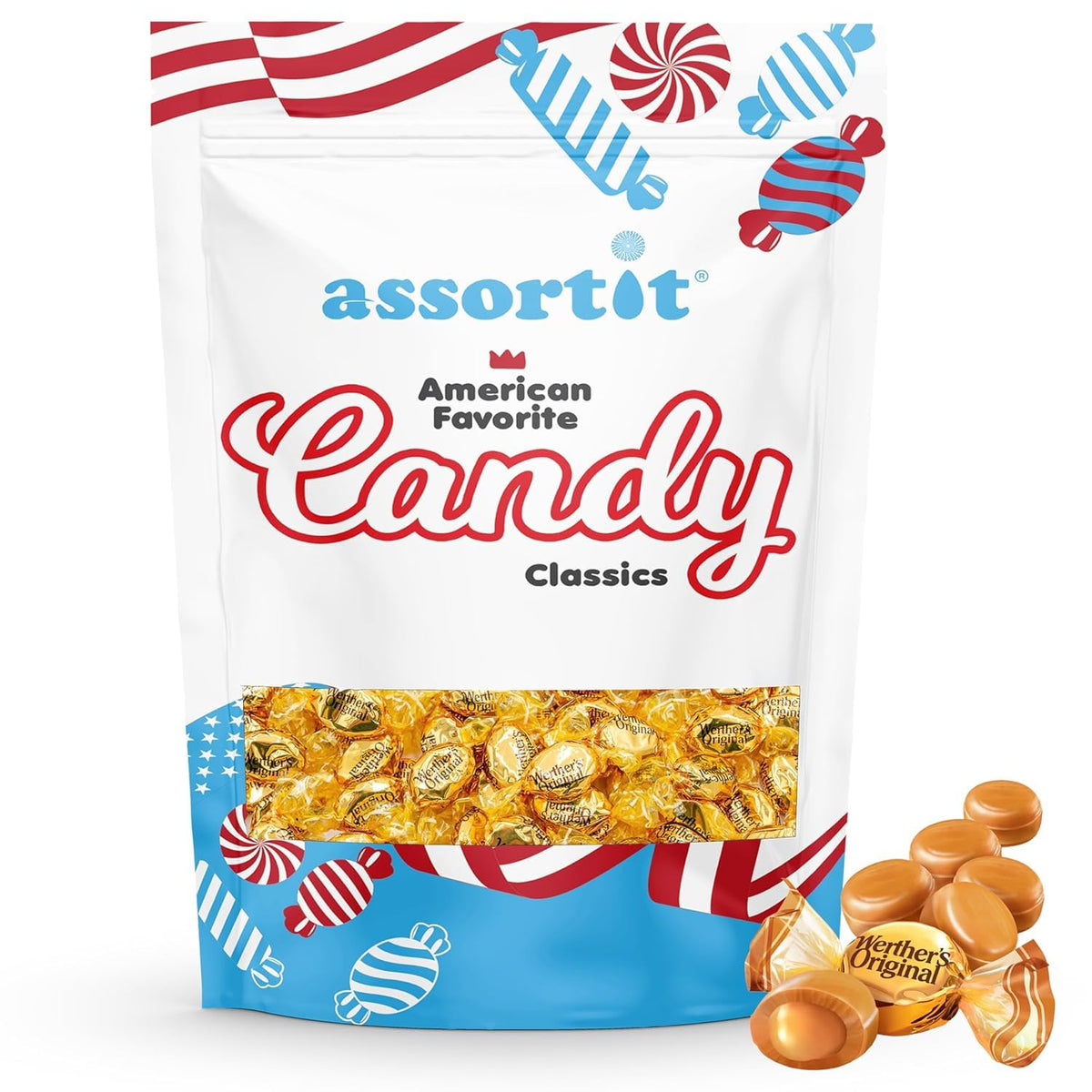 Assortit individually wrapped candies emphasizing freshness and convenience on the go