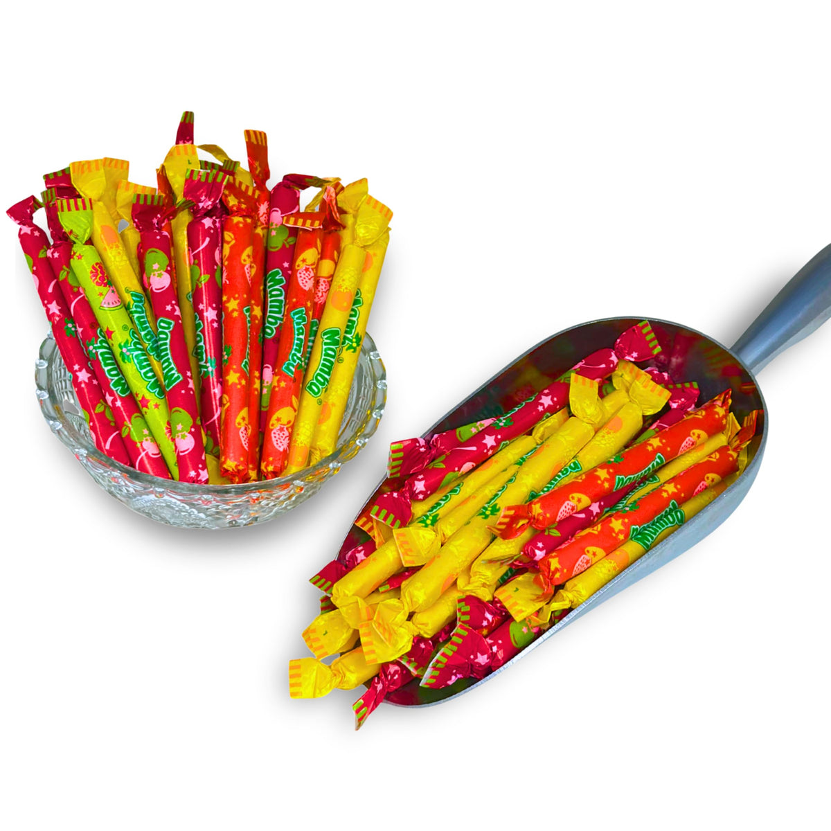 Assortit Mamba Chews Mango-Strawberry duo; flavors ideal for kids' lunchboxes and parties.