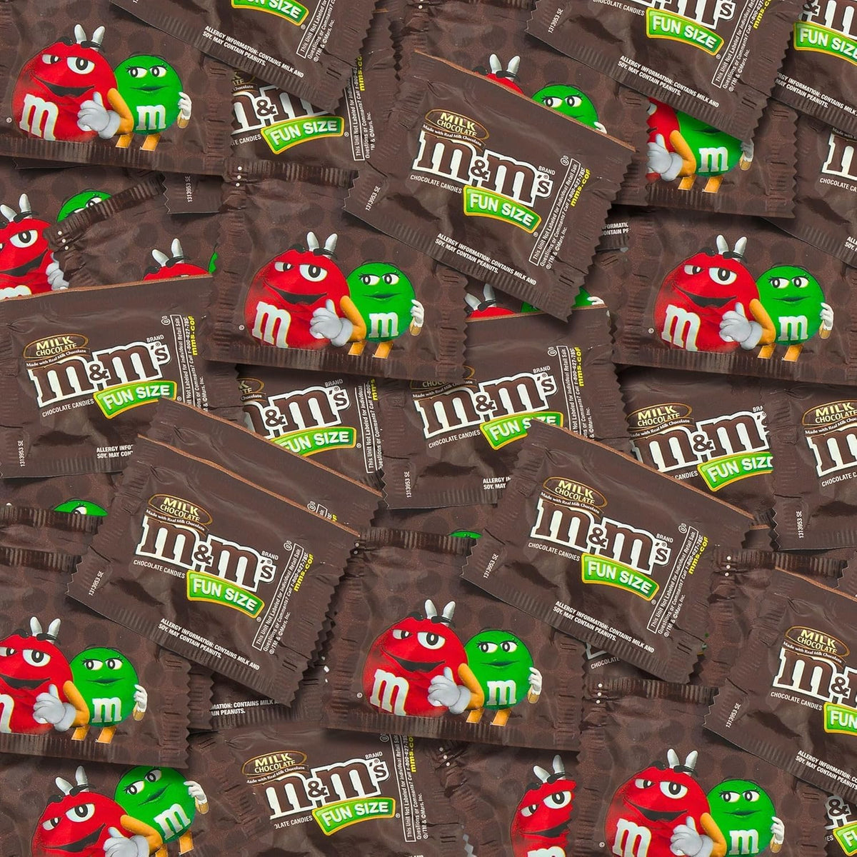 Assortit M&M Original Milk Chocolate fun size packs ready for gatherings.