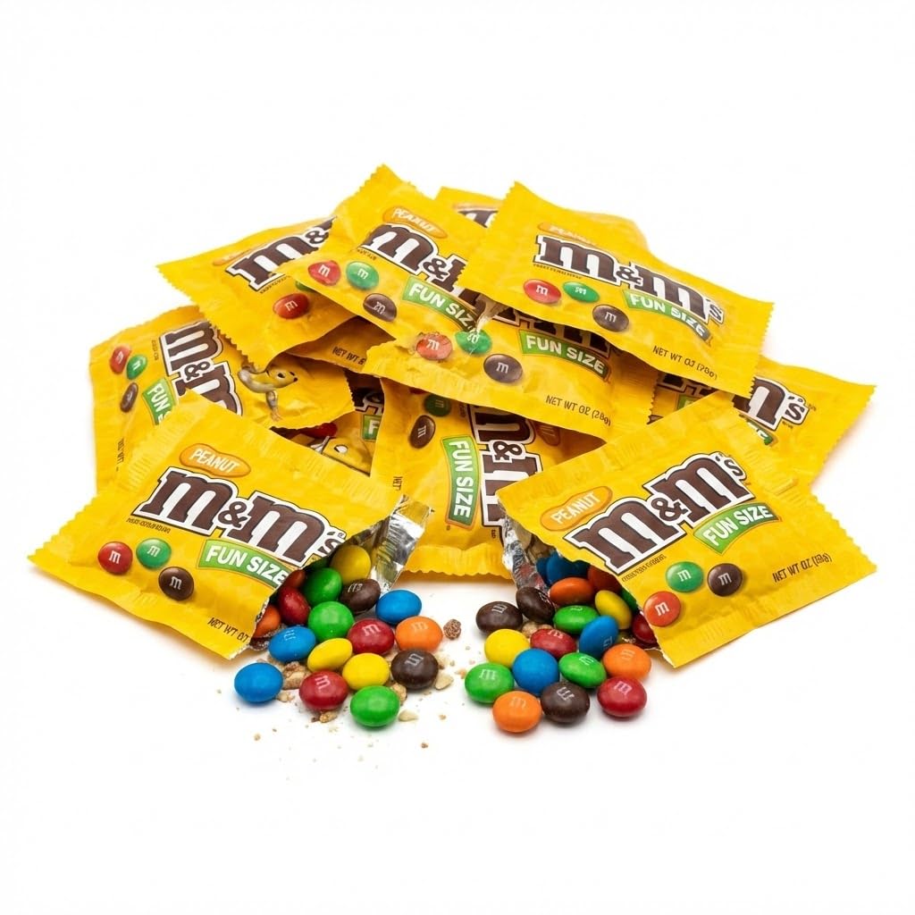 Assortit M&amp;M peanut milk chocolate fun size 2lb pack close-up, highlighting classic crunch.