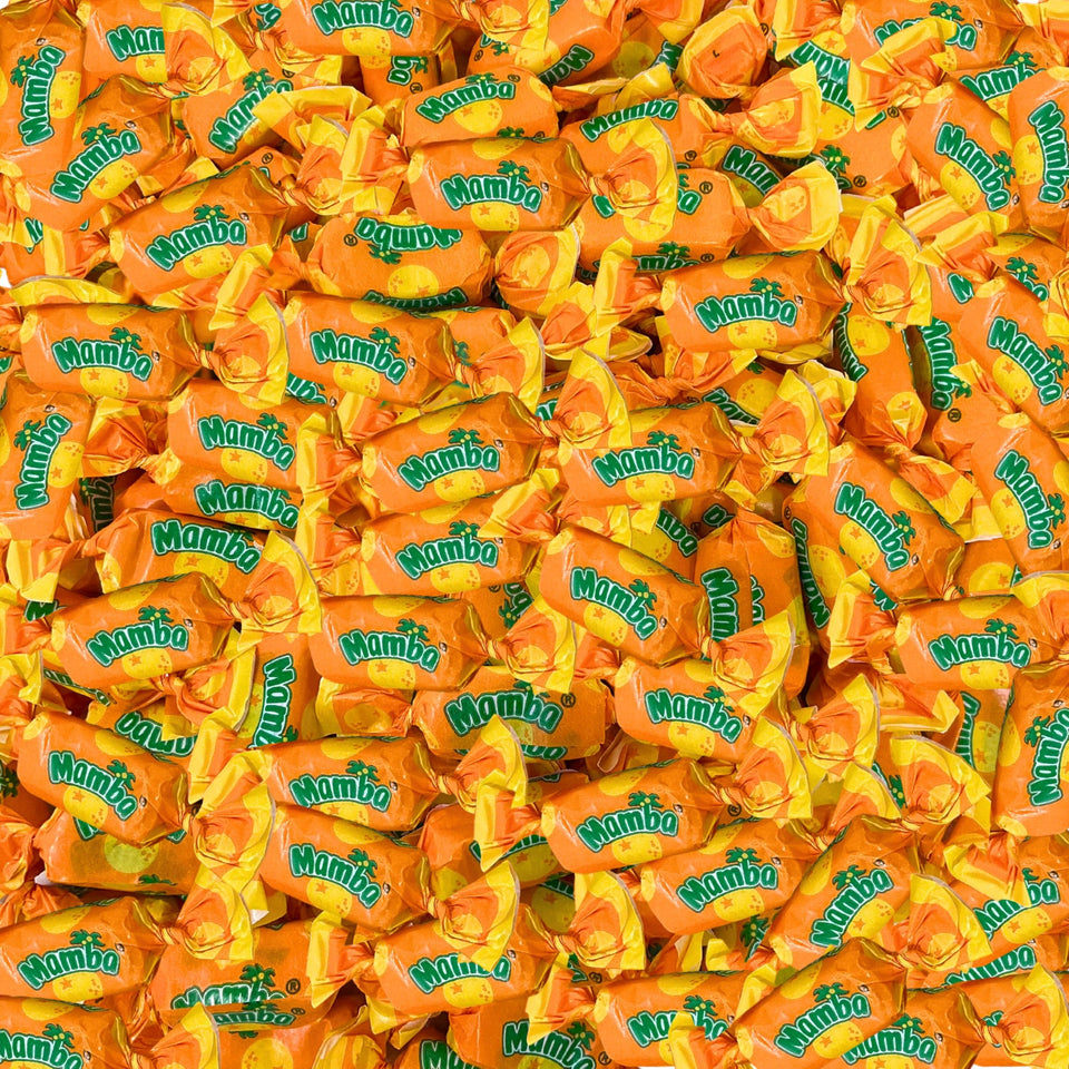 Assortit Orange Mamba chews 1lb bag on display, convenient family snacking.